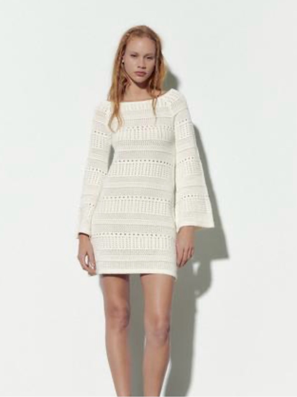 Cotton Crochet Knit Mini Dress with Bell Sleeves - Ivory